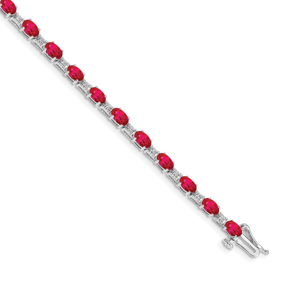 14k White Gold Diamond and Red Ruby (July Birthstone) Bracelet, 7" Length